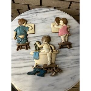 Sexton 1966 Set 3 Vintage Cast Metal Bathroom Kids Wall Art Figurines 1960s-70s
